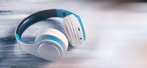 Top view of white headphones background