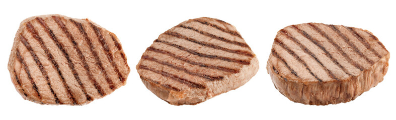 Grilled beef steak isolated on white background, clipping path, full depth of field