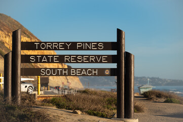 Torrey Pines State Reserve South Beach Welcome Sign in La Jallo, California, Located in San Diego County.