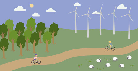 Countryside landscape with wind turbines and cycling people.