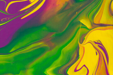 Yellow green purple fluid art, abstract creative trend background. Dynamic lines, movement, burst of emotions, passion, freedom. Form of presentation of websites, booklets, leaflets, business cards