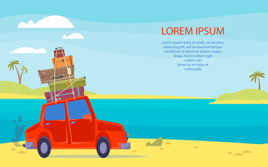 Fototapeta premium The car goes on a trip with a suitcase on the roof. Banner template with the sea. Place for your text. Vector illustration in cartoon children s style. Isolated funny clipart. Cute print.