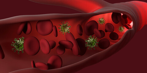 Coronavirus 2019-nCoV and Virus disease cells and red blood cells. COVID-19 Corona virus infection...