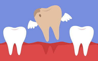 A rotten tooth with wings flies out of the mouth. The concept of healthy proper oral care. Dentistry and caries treatment. Vector illustration in cartoon style fun