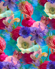 Aqua, purple, blue, soft garden floral seamless pattern print,