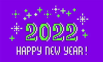 Pixel art 2022 Happy New Year print with green and white sparkles on violet background. 8 bit holiday card.Old school vintage retro 80s, 90s computer, video game graphics. Slot machine design element