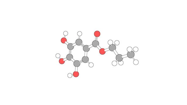 360&ordm; realistic 3D view of Propyl Gallate as a seamless loop over a white opaque background with alpha mask. Also called n-propyl gallate and tenox pg.