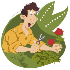 Man takes care of flowers in garden. Gardener cuts rose. Illustration for internet and mobile website.