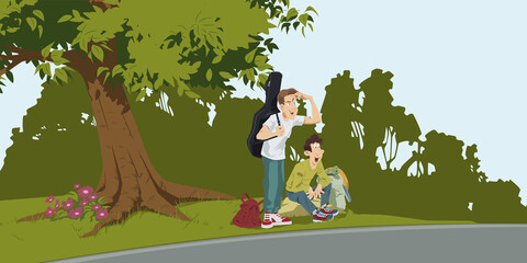Obraz na płótnie Canvas Young Hitchhikers with backpack. Illustration for internet and mobile website.