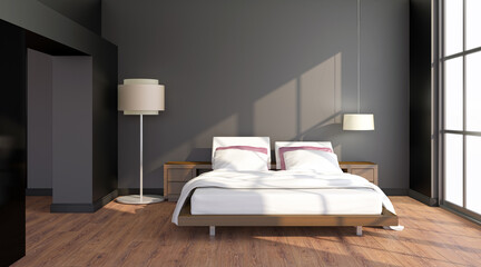 Modern bright bed room interiors 3D rendering illustration computer generated image