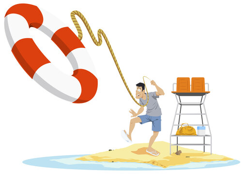 Lifeguard On Beach. Man Throws Lifebuoy. Illustration For Internet And Mobile Website.