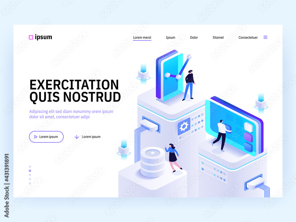 Poster vector landing page of tech isometric concept. teamwork on project, online communication, data analy
