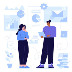 Team colleagues at office concept. Company employees communicate and consult on work tasks. Statistical data analysis, reporting, business meeting, job cooperation. Vector character illustration