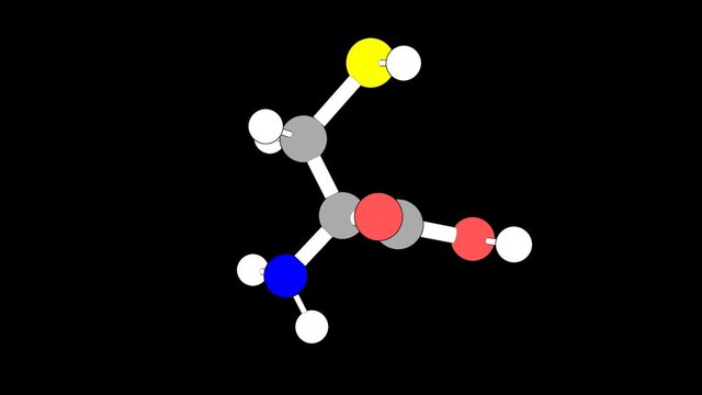 360&ordm; realistic 3D view of L-Cysteine as a seamless loop over a black opaque background with alpha mask. Also called cysteine and cystein.