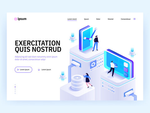 Vector landing page of Tech isometric concept. Teamwork on project, online communication, data analyzing, development, management. Character illustration of advertising banner in isometry design