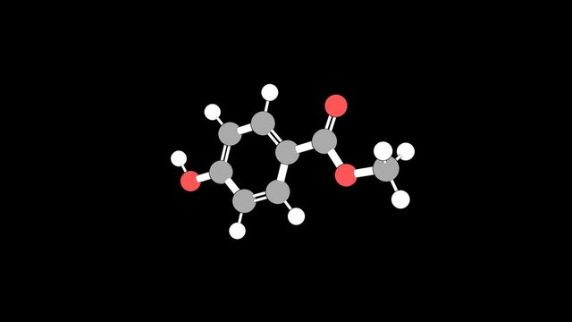 360&ordm; realistic 3D view of Methyl 4-Hydroxybenzoate as a seamless loop over a black opaque background with alpha mask. Also called methylparaben and methyl paraben.