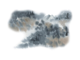 Watercolor illustrations isolated on white background. Painting wet. forest in the fog.