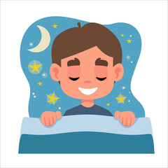 A little beautiful boy in blue pajamas sleeps in his bed and sees a dream. A cloud with stars and a moon above a child s head. Vector illustration in cartoon style fun