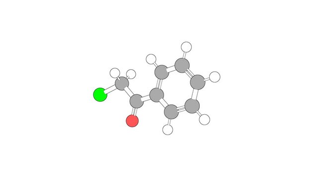 360º realistic 3D view of 2-Chloroacetophenone as a seamless loop over a white opaque background with alpha mask. Also called phenacyl chloride and 2-chloro-1-phenylethanone.