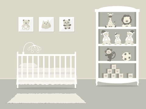 Kid's room for a newborn baby. Bedroom interior for a child in a beige color. There is a cot, a wardrobe with toys and other things in the picture. Vector illustration