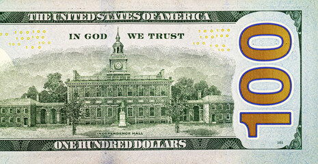 Backside of hundred redesigned american dollars close up