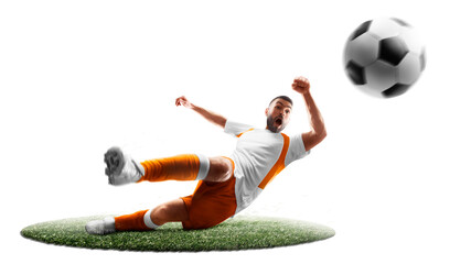 A soccer player kicks the ball. Isoalted