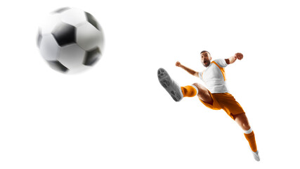 Isolated. Soccer kick. A soccer player kicks the ball in air fashion. Professional soccer player in...