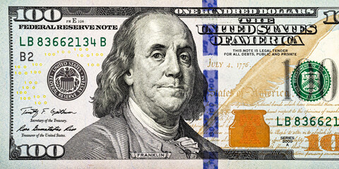 Hundred redesigned american dollars close-up of front side - obrazy, fototapety, plakaty