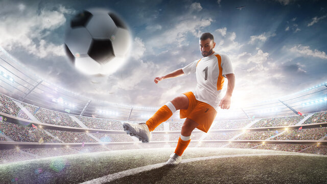 Professional soccer player in action on stadium with flashlights and fans. Kicking ball for winning goal. Wide angle. 3d