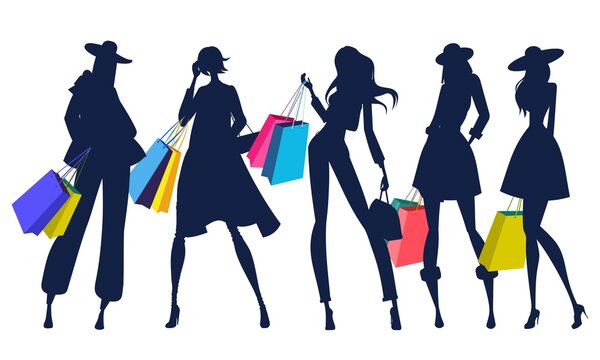 Women silhouettes with shopping bags.	abstract vector illustration.