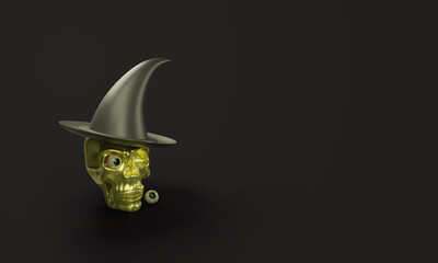 Halloween 3d render with illustration of gold skull and witch hat.