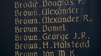 Close-Up Panning The Names Starting With The Letter "B" Of The World War I Honor Roll Inside The Glasgow Cathedral