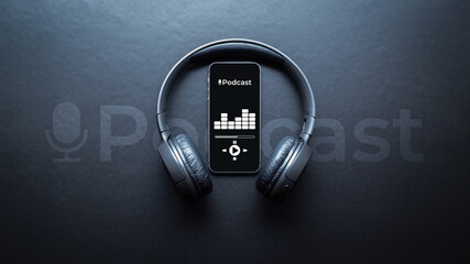 Podcast music. Mobile smartphone screen with podcast application, sound headphones. Audio voice...