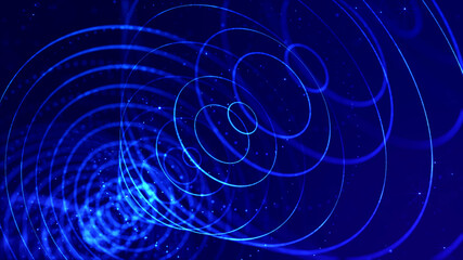 3d render. Abstract sci-fi bg with glow particles form curved lines, surfaces, hologram structures or virtual digital space. Deep blue motion design background of microworld or cosmic space. Strings