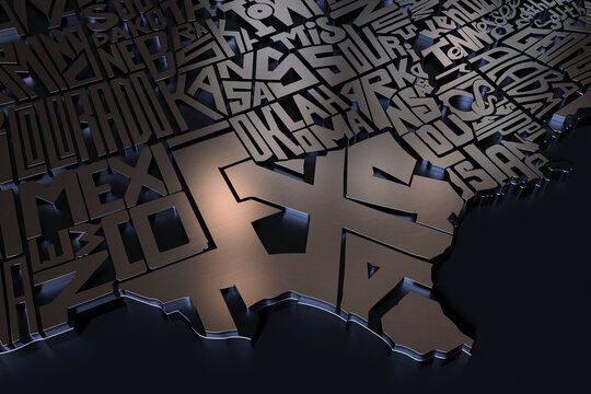 3d Geographic Map of USA Metal Lettering Render