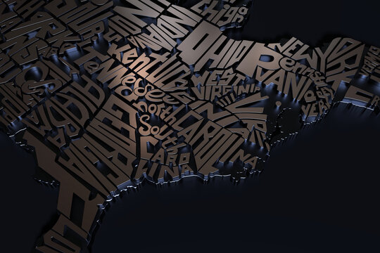 3d Geographic Map of USA Metallic Lettering Render