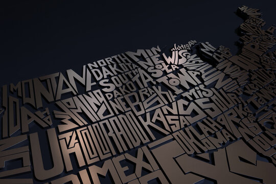 Geographic 3d Map of USA Metallic Lettering Render