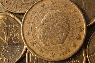 Series of macro shots of euro coins. Reverse of 50 cent coin. Year of manufacture 1999. Country...