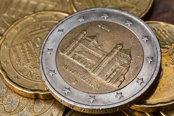Series of macro shots of euro coins. Reverse of 2 Euro coin. Year of manufacture 2014. Country Germany. Special coinage, Niedersachsen