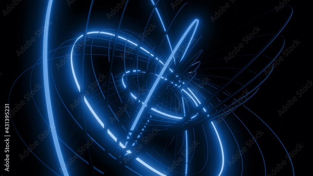 Poster 3d render. abstract geometric bg with rings form complex twisted spiral and light effects. rings fla