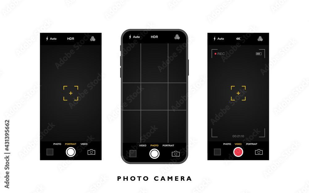 Wall mural mobile phone with camera interface. mobile app application. photo and video screen. vector illustrat