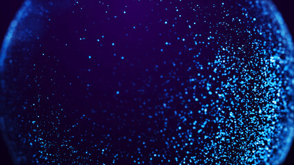 Magical sparkles of light form abstract structures. Blue glow particles with amazing bokeh for fantastic background. 3d render.
