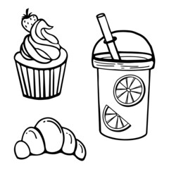 A set consisting of lemonade with lemons, cake and croissant drawn by a black line. Doodle style. Can be used in web design, as a background, printing, for decorating menus and cafes.