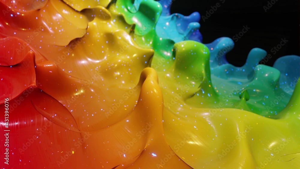 Poster liquid gradient rainbow color. bright glossy paint surface as abstract festive background. glitters 