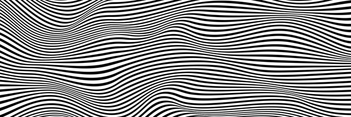 Simple wavy background. Vector illustration of striped pattern with optical illusion, op art. Long horizontal banner. - 431396030