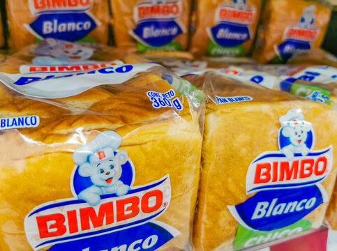 Bimbo white toast bread packaging in the supermarket in Mexico.