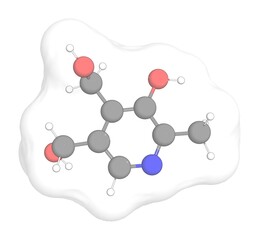 3D rendering of Pyridoxine with white transparent surface over a white opaque background. Also called vitamin b6 and pyridoxol.