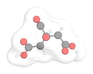 3D rendering of Citric Acid with white transparent surface over a white opaque background. Also called anhydrous citric acid and citro.