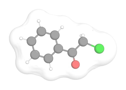 3D rendering of 2-Chloroacetophenone with white transparent surface over a white opaque background. Also called phenacyl chloride and 2-chloro-1-phenylethanone.