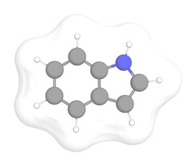 3D rendering of Indole with white transparent surface over a white opaque background. Also called 1h-indole and indol.